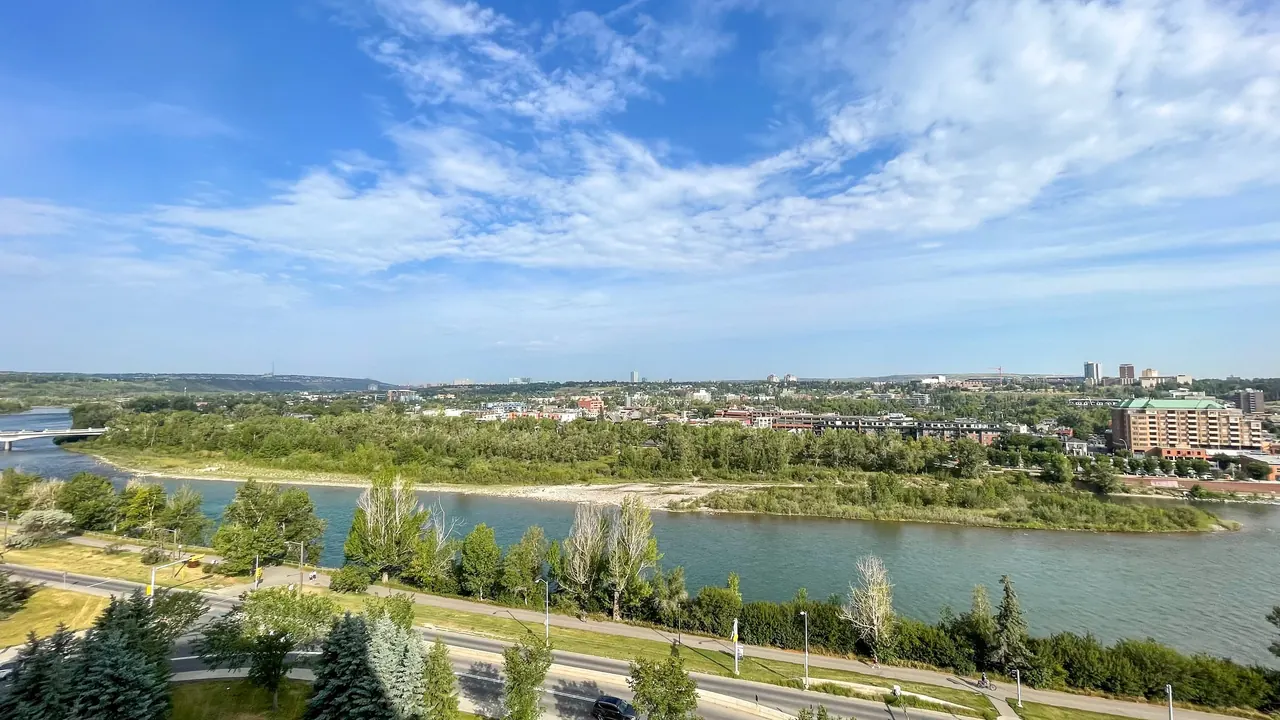 The Bow River from the suite, with Kensington and the hills to the north